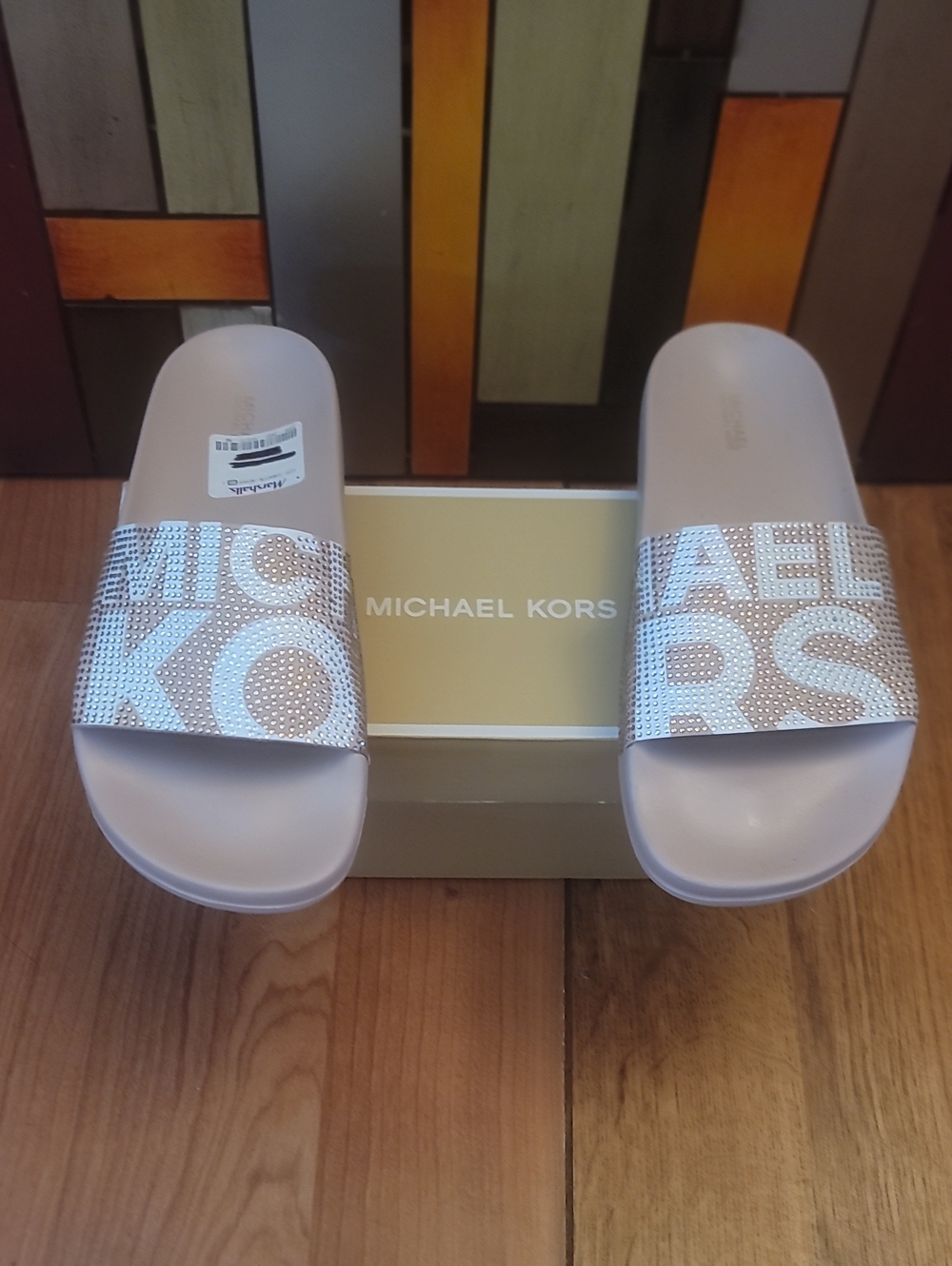Michael Kors Silver Crystal Logo Slide Sandals